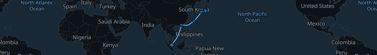 Route map of Neon to Equatorial Waters – Nagoya, Kobe & Hong Kong