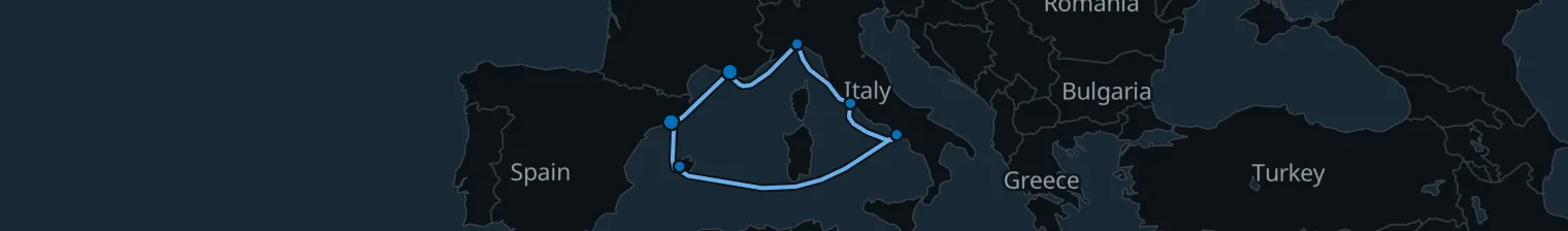 Route map of Sunlit Terra-Cotta – Mallorca, Rome & Genoa