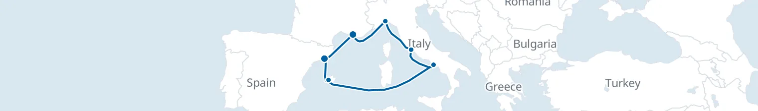 Route map of Sunlit Terra-Cotta – Mallorca, Rome & Genoa