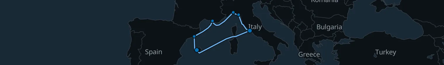 Route map of Glittering Getaway – Barcelona, Genoa & Rome