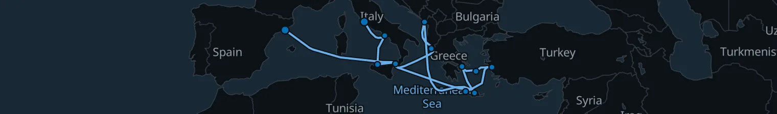Route map of Cobblestone & Colossus – Athens, Ephesus & Barcelona