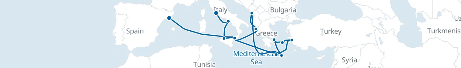 Route map of Cobblestone & Colossus – Athens, Ephesus & Barcelona