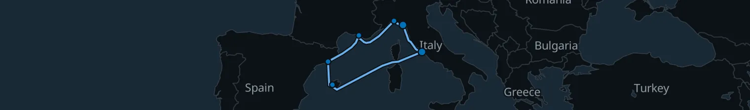 Route map of Rustic Riviera Routes – Barcelona, Marseille & Palma