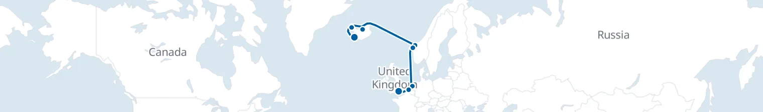 Route map of Fjords & Firelight – Northern Lights to Amsterdam
