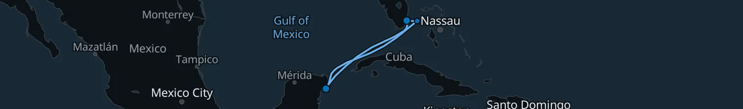 Route map of Sun-Drenched Wake – Bimini & Cozumel from Miami