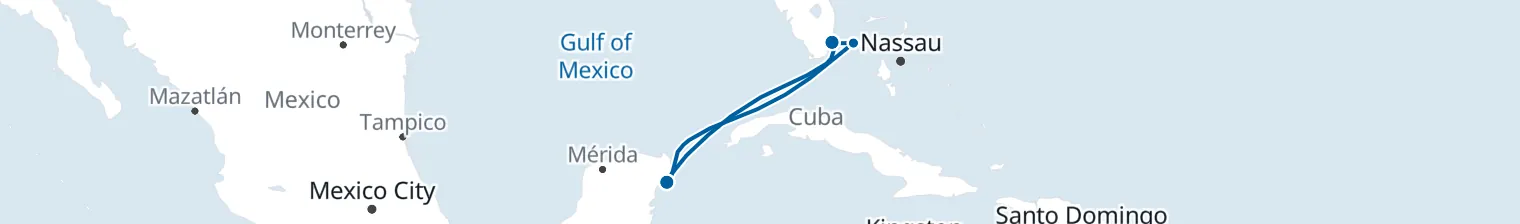 Route map of Sun-Drenched Wake – Bimini & Cozumel from Miami