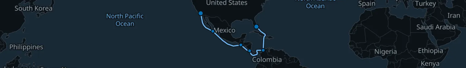 Route map of Two Ocean Passage – Puntarenas & Cartagena