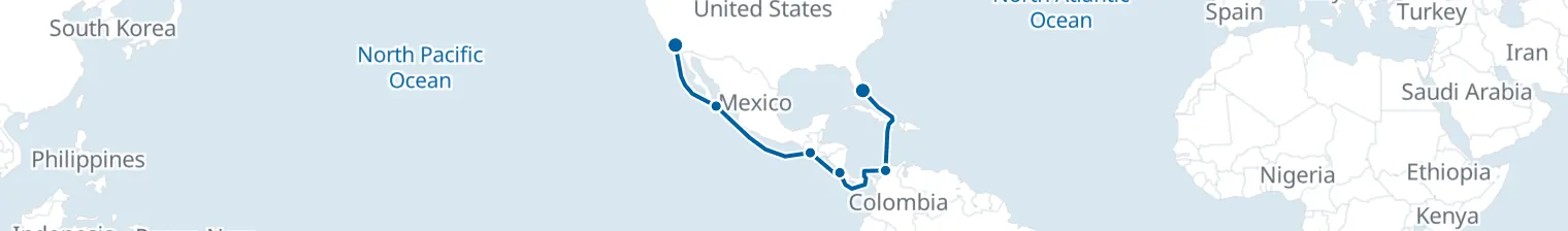 Route map of Two Ocean Passage – Puntarenas & Cartagena