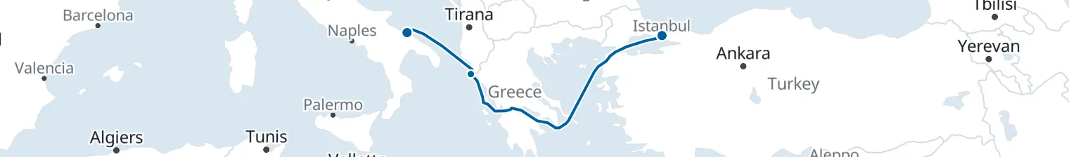 Route map of Pulse of the Adriatic – Corfu & Bari