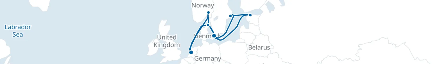 Route map of Nordic Tapestry – Amsterdam & Oslo
